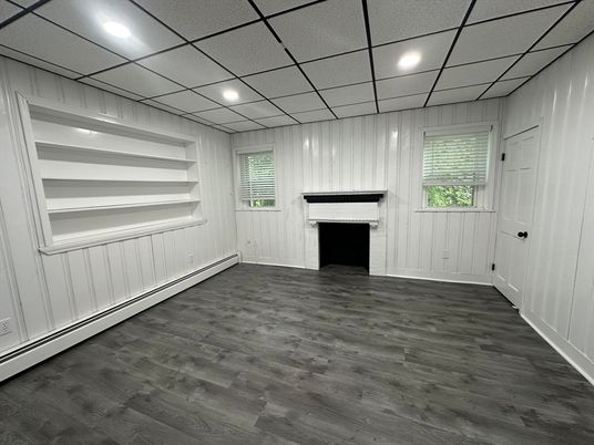 Empty room, Fireplace, Interior, Recessed Lighting, Wood Texture Flooring