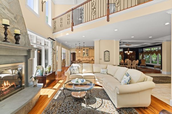 Dining room, Fireplace, Interior, Living room, Pendant Lights, Recessed Lighting, Wood Texture Flooring