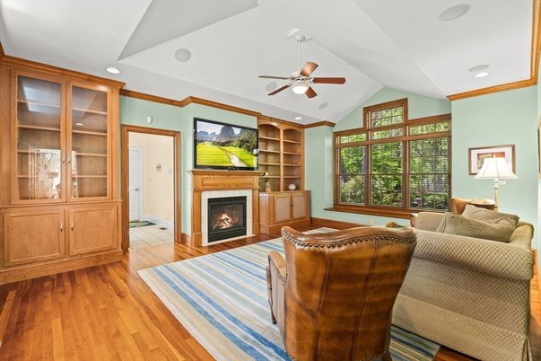 Bedroom, Fireplace, Interior, Living room, Recessed Lighting, Wood Texture Flooring