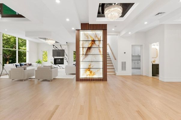 Chandelier, Fireplace, Interior, Living room, Recessed Lighting, Wood Texture Flooring