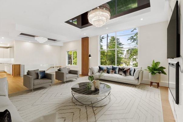 Chandelier, Fireplace, Interior, Living room, Recessed Lighting, Wood Texture Flooring