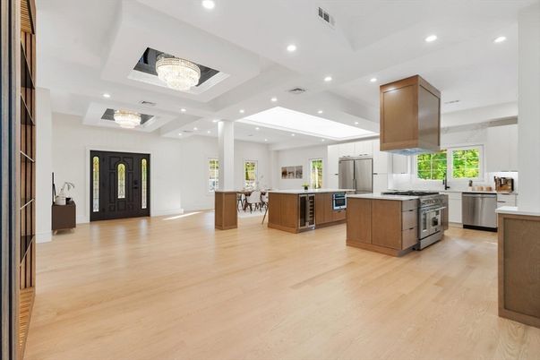 Chandelier, Interior, Kitchen, Recessed Lighting, Stainless Steel Appliances, Wood Texture Flooring