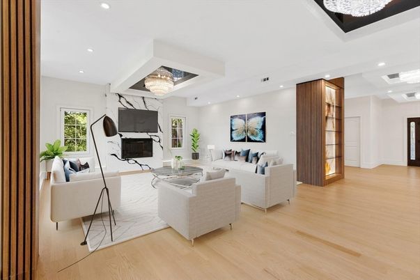 Chandelier, Fireplace, Interior, Living room, Recessed Lighting, Wood Texture Flooring