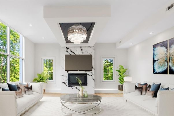 Chandelier, Fireplace, Interior, Living room, Recessed Lighting, Wood Texture Flooring