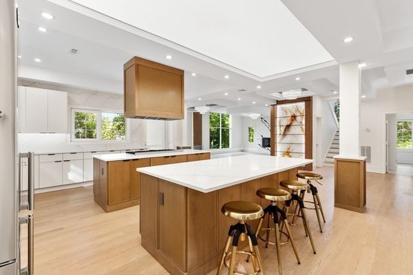 Interior, Kitchen, Marble Walls, Recessed Lighting, Wood Texture Flooring