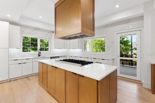 Interior, Kitchen, Marble Walls, Recessed Lighting, Wood Texture Flooring