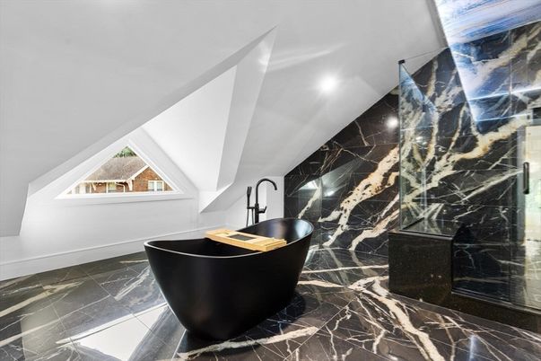 Bathroom, Free Standing Baths, Interior, Marble, Marble Walls, Recessed Lighting