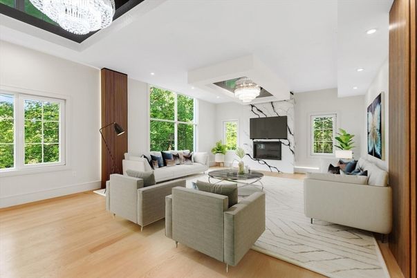 Chandelier, Fireplace, Interior, Living room, Recessed Lighting, Wood Texture Flooring