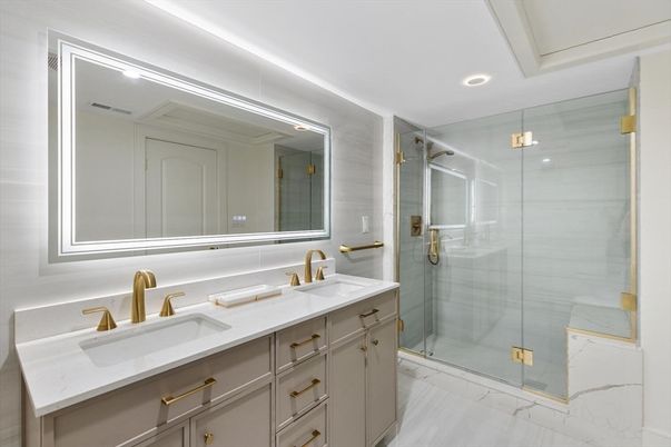 Bathroom, Dual Sink Vanities, Glass Shower, Interior, Marble, Recessed Lighting