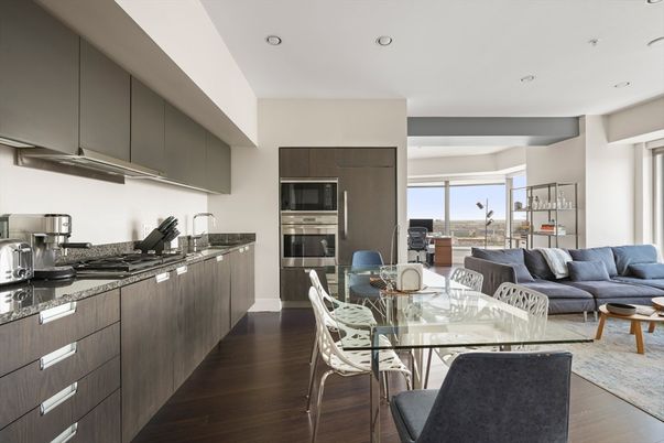 Dining room, Interior, Kitchen, Living room, Recessed Lighting, Stainless Steel Appliances, Wood Texture Flooring