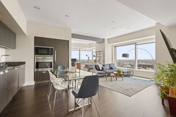 Dining room, Interior, Kitchen, Living room, Recessed Lighting, Stainless Steel Appliances, Wood Texture Flooring