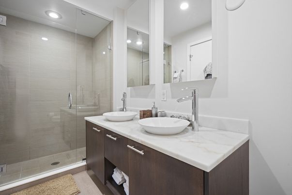 Bathroom, Dual Sink Vanities, Glass Shower, Interior, Recessed Lighting