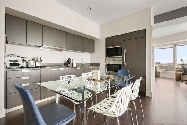 Dining room, Interior, Kitchen, Recessed Lighting, Stainless Steel Appliances, Wood Texture Flooring