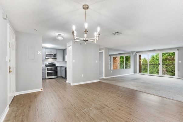 Chandelier, Empty room, Interior, Kitchen, Stainless Steel Appliances, Wood Texture Flooring
