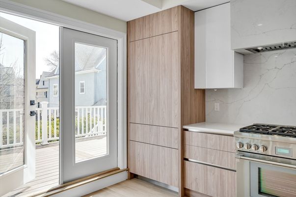 Interior, Kitchen, Marble Walls, Stainless Steel Appliances, Wood Texture Flooring