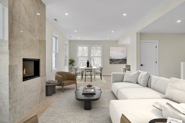 Dining room, Interior, Living room, Marble Walls, Recessed Lighting, Wood Texture Flooring