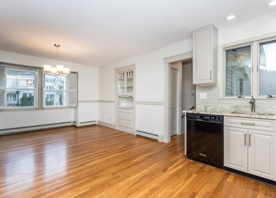 Chandelier, Empty room, Interior, Kitchen, Recessed Lighting, Wood Texture Flooring