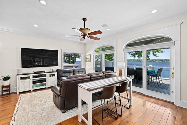 Dining room, Interior, Living room, Recessed Lighting, Water, Wood Texture Flooring