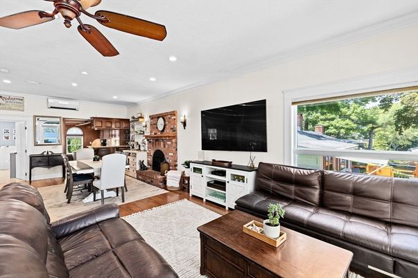 Dining room, Fireplace, Interior, Kitchen, Living room, Recessed Lighting, Wood Texture Flooring