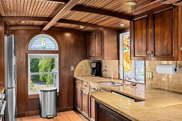 Interior, Kitchen, Recessed Lighting, Wooden Ceilings, Wood Texture Flooring