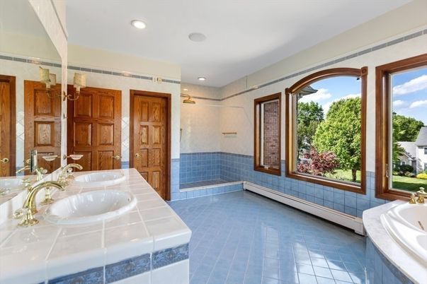 Bathroom, Dual Sink Vanities, Interior, Recessed Lighting, Tile Countertops