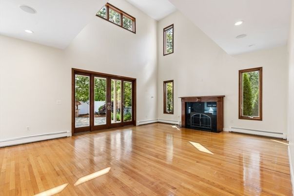 Empty room, Fireplace, Interior, Recessed Lighting, Wood Texture Flooring