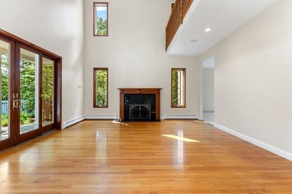 Empty room, Fireplace, Interior, Recessed Lighting, Wooden Beams, Wood Texture Flooring