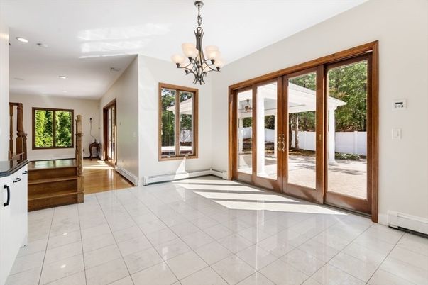 Chandelier, Empty room, Interior, Recessed Lighting, Wood Texture Flooring