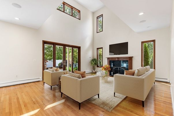 Fireplace, Interior, Living room, Recessed Lighting, Wood Texture Flooring