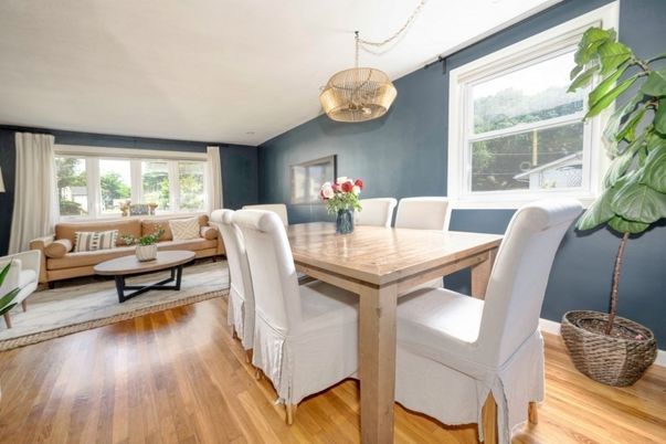 Dining room, Interior, Living room, Pendant Lights, Wood Texture Flooring