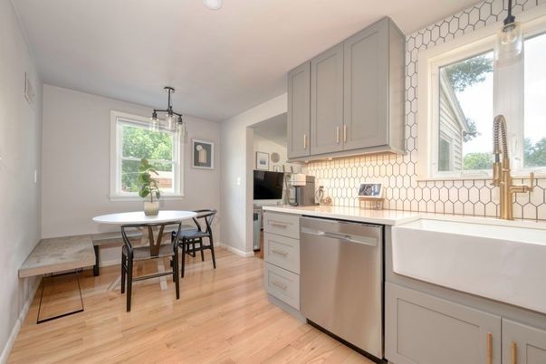 Dining room, Interior, Kitchen, Pendant Lights, Wood Texture Flooring