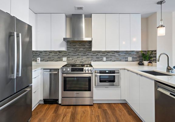 Interior, Kitchen, Pendant Lights, Stainless Steel Appliances, Wood Texture Flooring