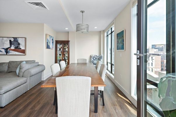 Dining room, Interior, Pendant Lights, Recessed Lighting, Wood Texture Flooring