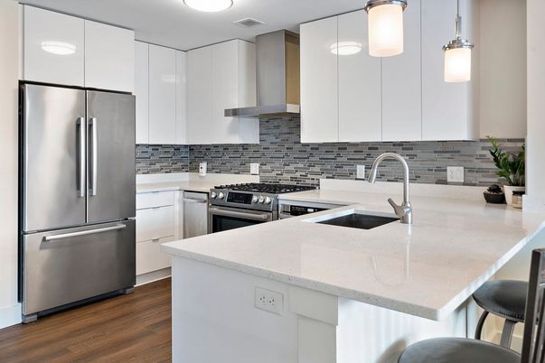 Interior, Kitchen, Pendant Lights, Stainless Steel Appliances, Wood Texture Flooring