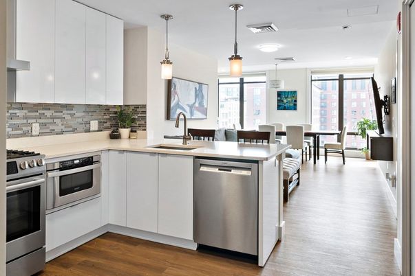 Dining room, Interior, Kitchen, Pendant Lights, Stainless Steel Appliances, Wood Texture Flooring