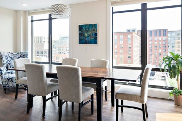 Dining room, Interior, Pendant Lights, Recessed Lighting, Wood Texture Flooring