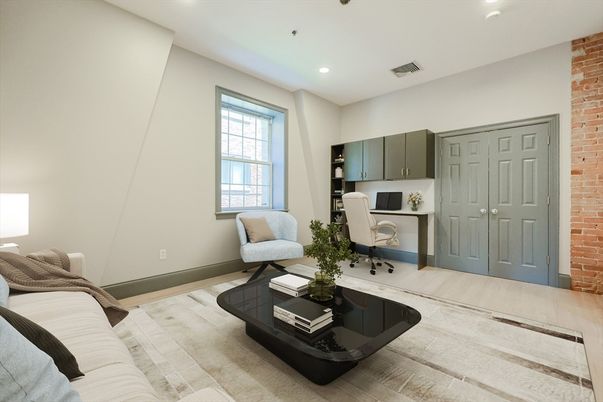 Home Office, Interior, Recessed Lighting, Stone Walls, Wood Texture Flooring