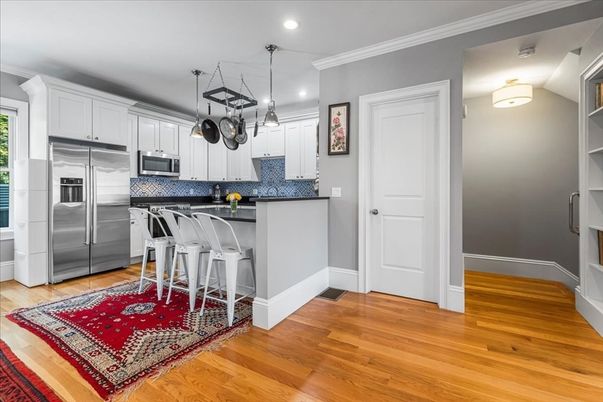 Interior, Kitchen, Pendant Lights, Recessed Lighting, Stainless Steel Appliances, Wood Texture Flooring