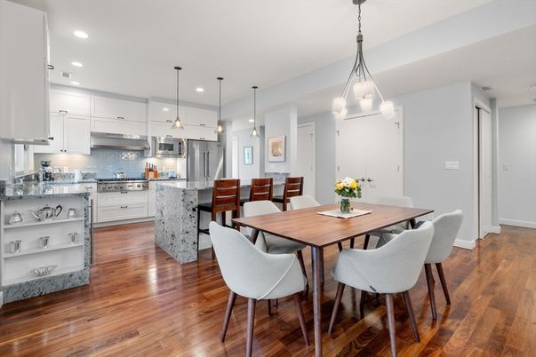 Dining room, Interior, Kitchen, Pendant Lights, Recessed Lighting, Stainless Steel Appliances, Wood Texture Flooring