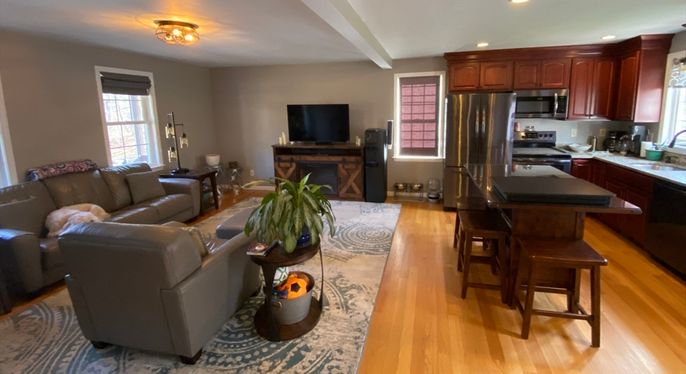 Interior, Kitchen, Living room, Recessed Lighting, Stainless Steel Appliances, Wood Texture Flooring