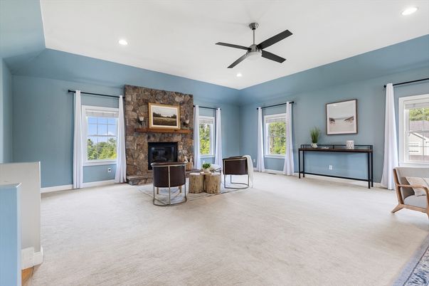 Empty room, Fireplace, Interior, Recessed Lighting, Stone Walls