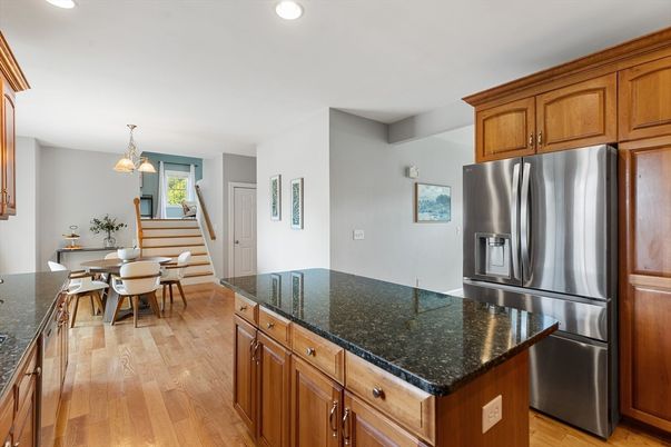 Dining room, Interior, Kitchen, Pendant Lights, Recessed Lighting, Wood Texture Flooring