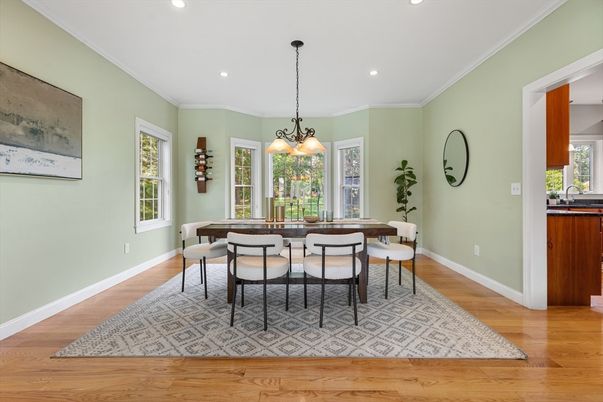 Dining room, Interior, Pendant Lights, Recessed Lighting, Wood Texture Flooring
