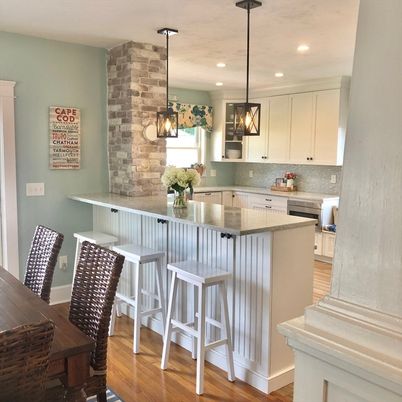 Interior, Kitchen, Pendant Lights, Recessed Lighting, Stone Walls, Wood Texture Flooring