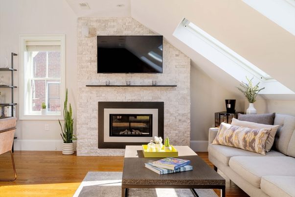 Fireplace, Interior, Living room, Stone Walls, Wood Texture Flooring