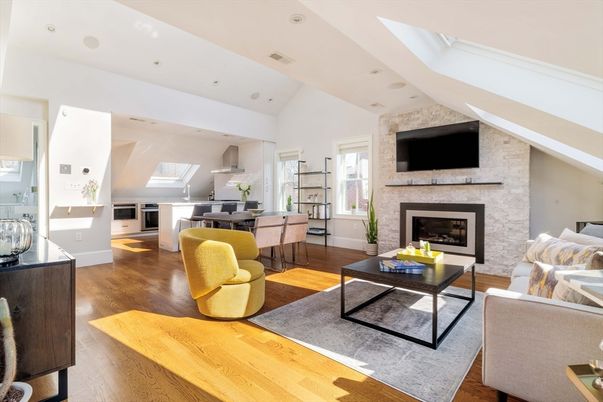 Dining room, Fireplace, Interior, Kitchen, Living room, Recessed Lighting, Stone Walls, Wood Texture Flooring
