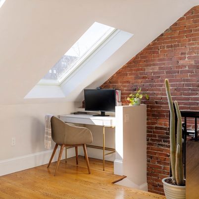 Home Office, Interior, Stone Walls, Wood Texture Flooring