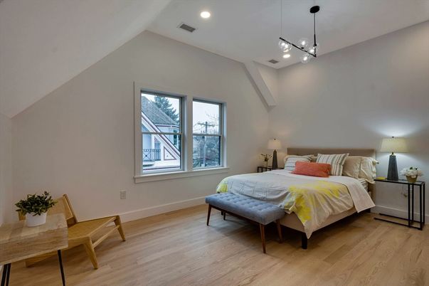 Bedroom, Interior, Pendant Lights, Recessed Lighting, Wood Texture Flooring
