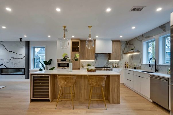 Interior, Kitchen, Marble Walls, Recessed Lighting, Stainless Steel Appliances, Wood Texture Flooring