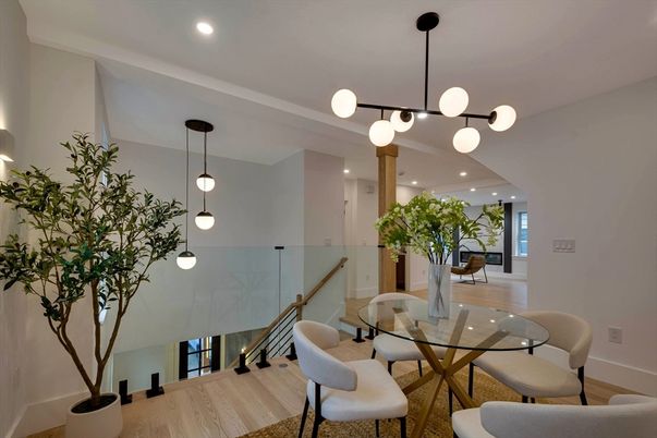 Dining room, Interior, Pendant Lights, Recessed Lighting, Wood Texture Flooring